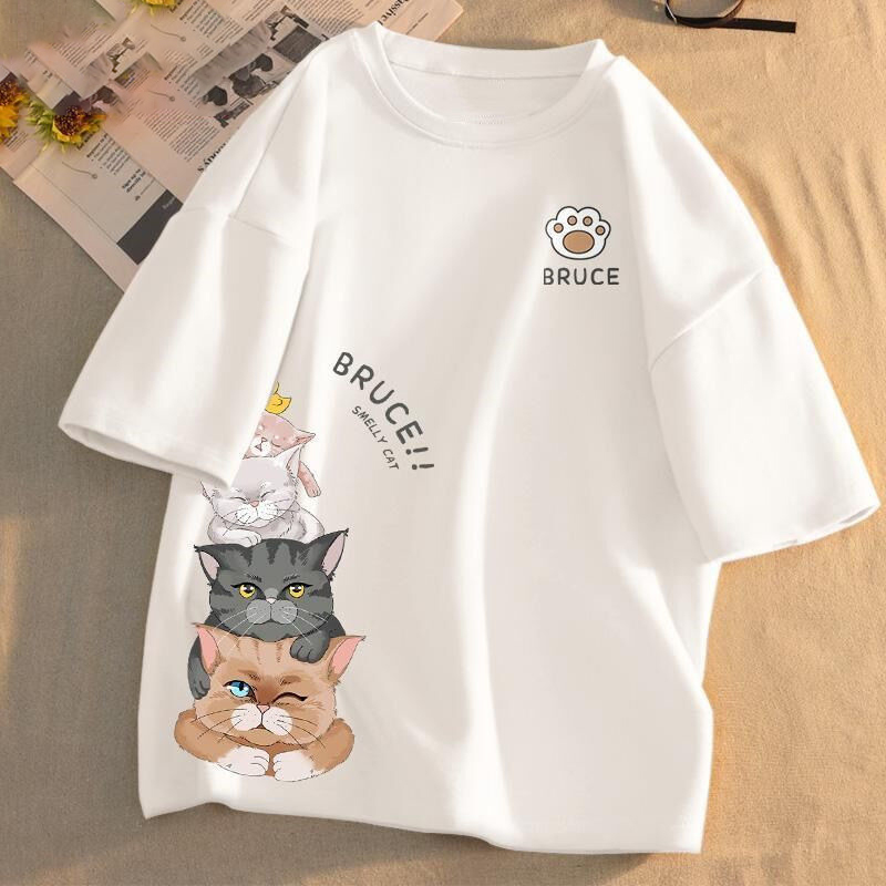 百搭情侶款可愛潮流貓咪印花短袖T恤-HaloBless