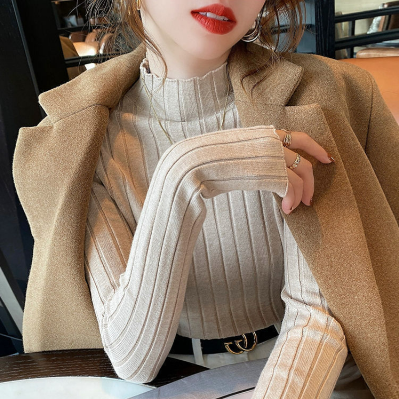 木耳邊半高領內搭毛衣短版修身針織打底衫