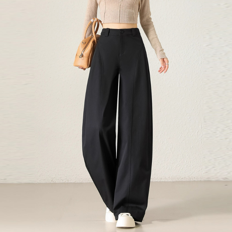 高腰顯瘦時尚寬鬆潮流側壓褶卡其色闊腿褲