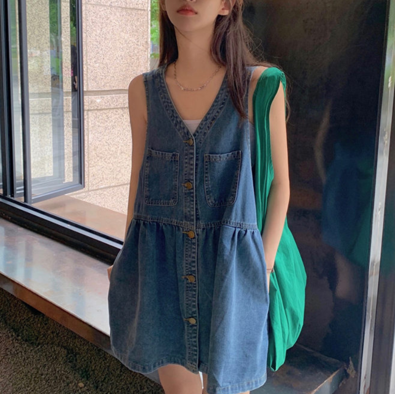 韓版寬鬆小個子休閒無袖牛仔連身裙-HaloBless
