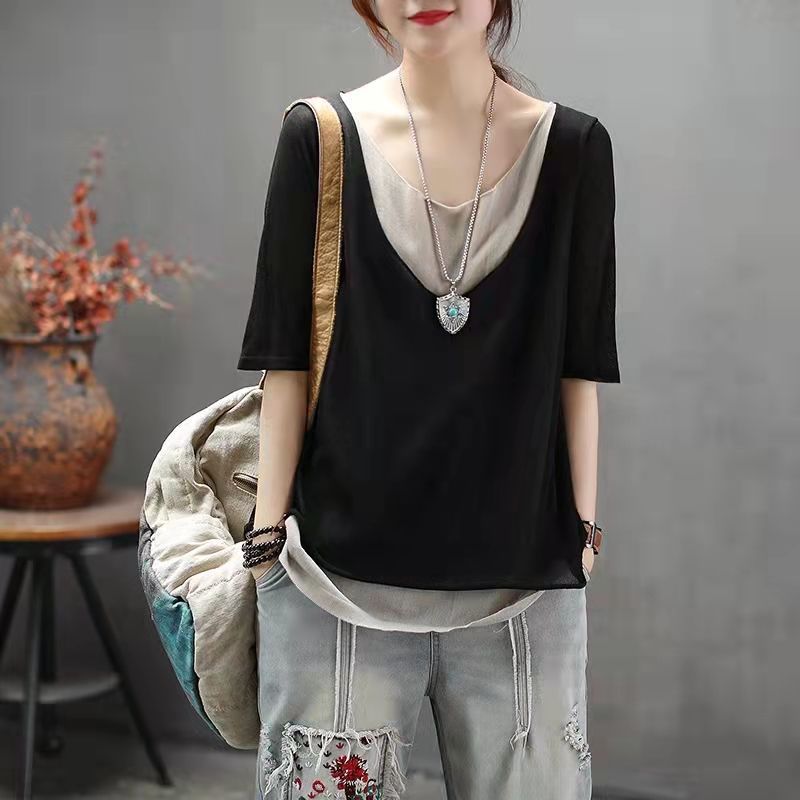 薄款寬鬆休閒百搭文藝拼色v領假兩件棉麻短袖