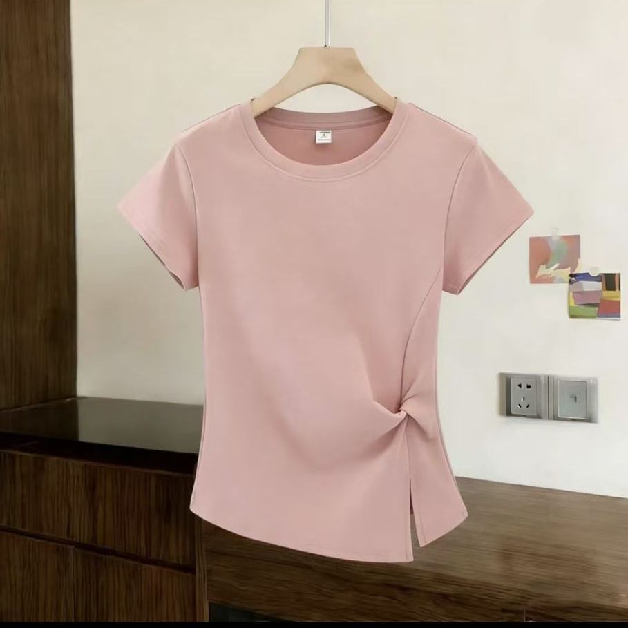 韓系百搭修身圓領扭結開叉短袖T恤