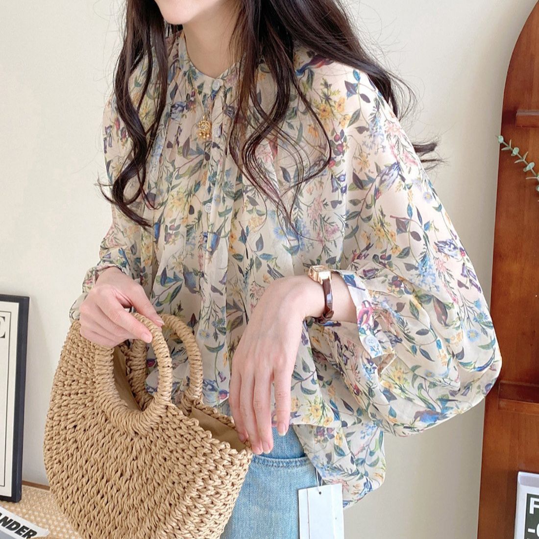 雪紡碎花寬鬆薄紗燈籠袖防曬襯衫-HaloBless