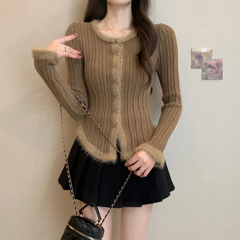 3色美拉德復古拼接毛邊修身顯瘦針織上衣