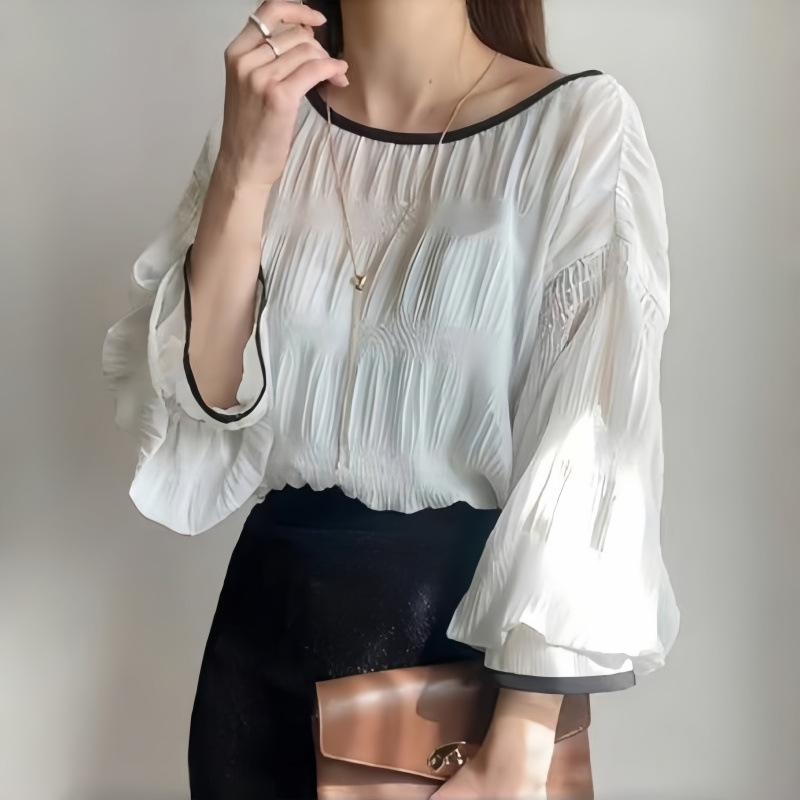 日韓素色肌理感壓褶泡泡袖圓領套頭雪紡衫-HaloBless