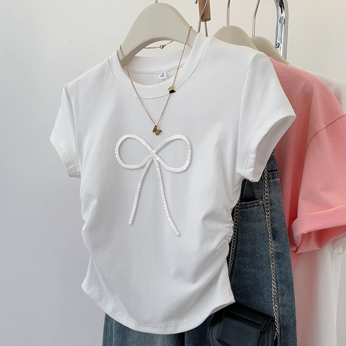 百搭純棉立體蝴蝶結修身顯瘦短袖T恤-HaloBless