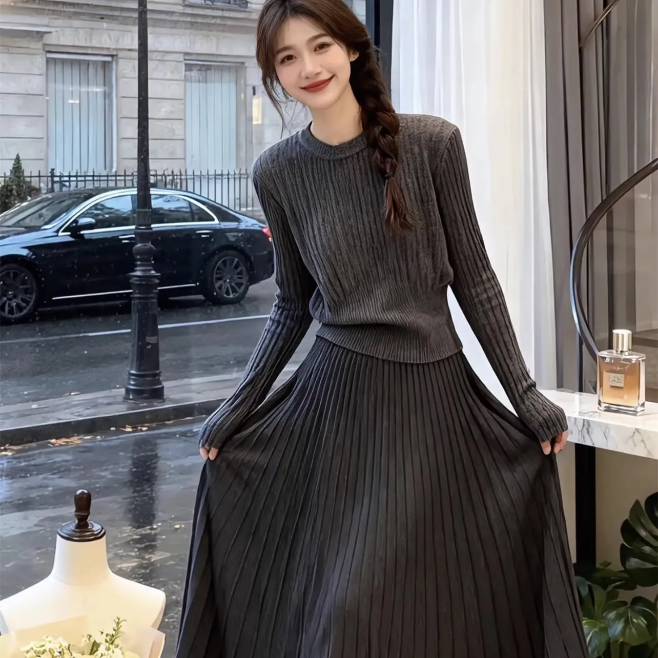 【整套】法式高級感收腰顯瘦針織毛衣+氣質半身長裙兩件套裝