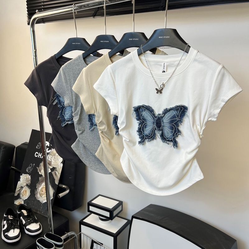 百搭顯瘦修身收腰褶皺正肩蝴蝶短袖T恤