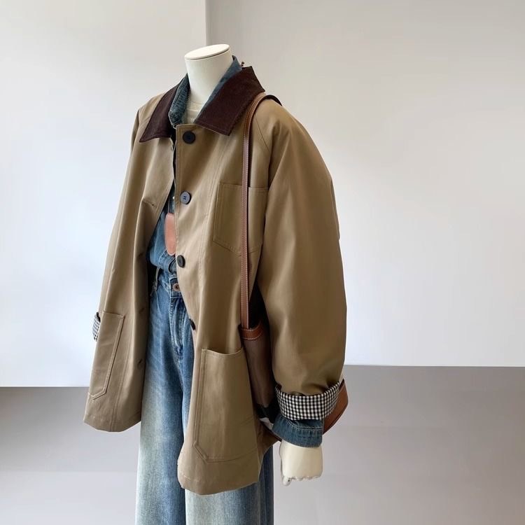 休閑高級感撞色中長款風衣寬鬆外套-HaloBless