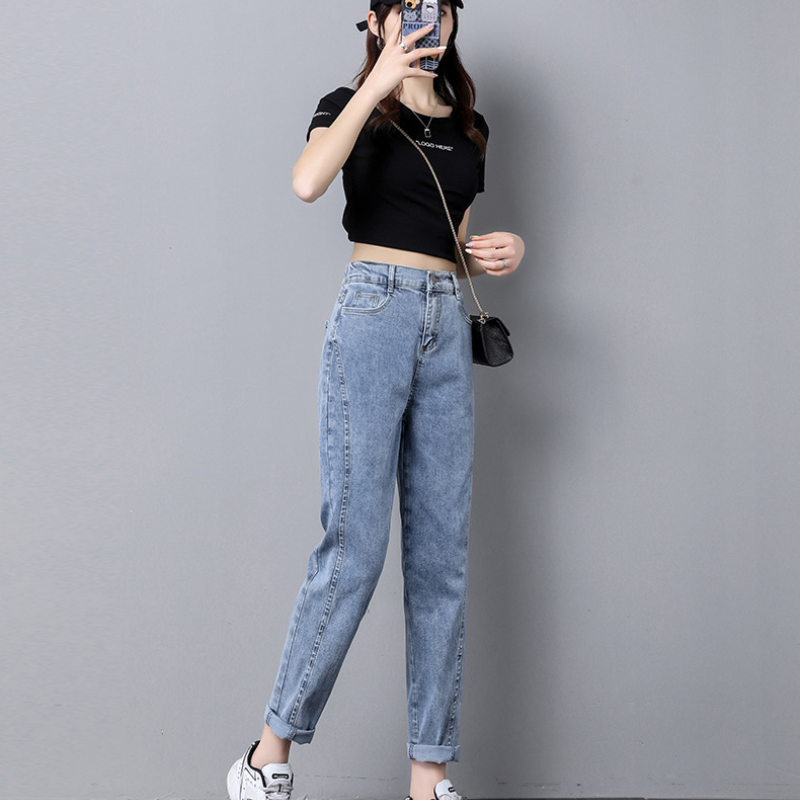 微喇型鬆緊高腰港風顯瘦小脚哈倫牛仔褲-HaloBless