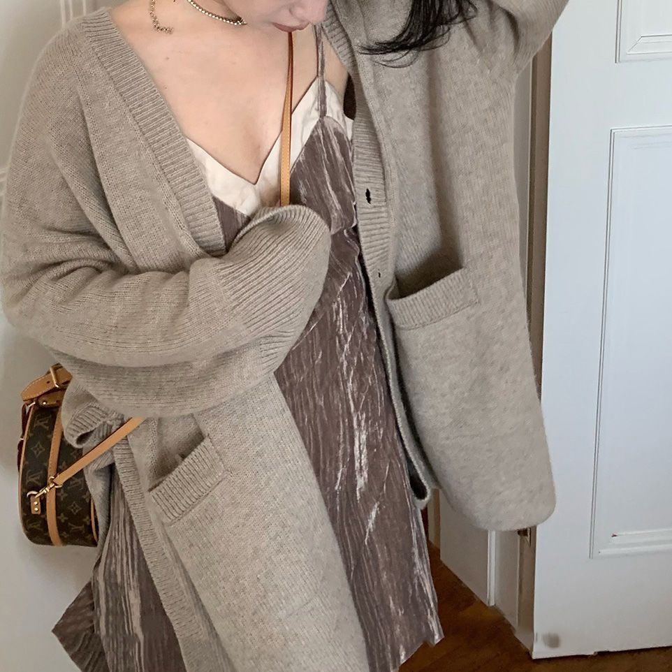 【單賣/整賣】純色慵懶風寬鬆顯瘦針織外套A字半裙中長款套裝-HaloBless