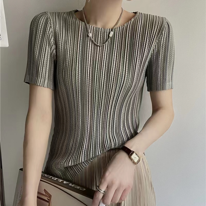 壓褶氣質薄款彈力圓領百搭修身短袖T恤