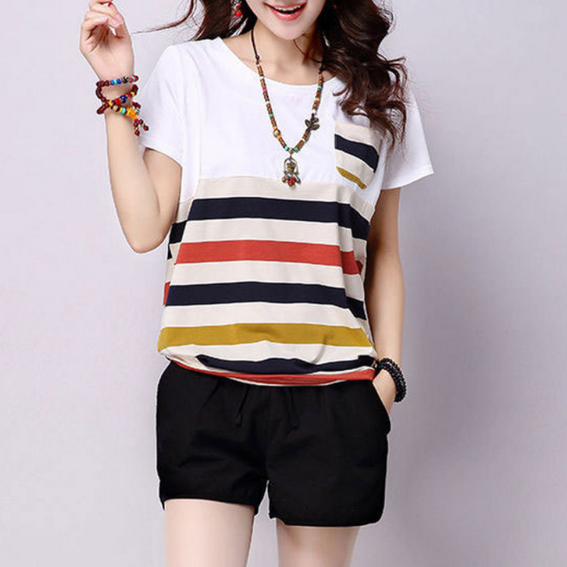韓版休閒百搭拼接寬鬆條紋短袖