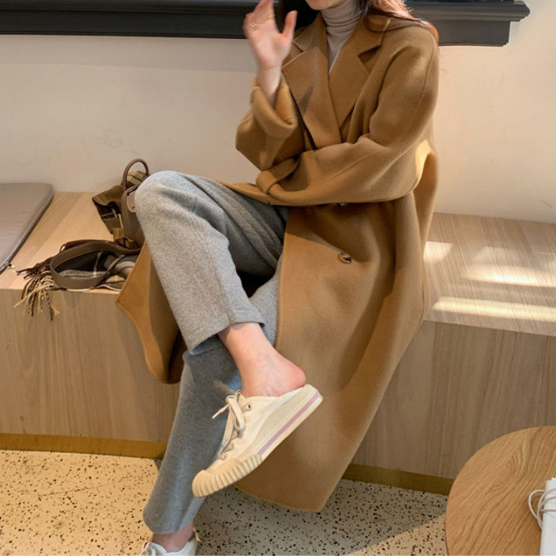 韓系中長版寬鬆高級感雙排扣仿毛呢外套