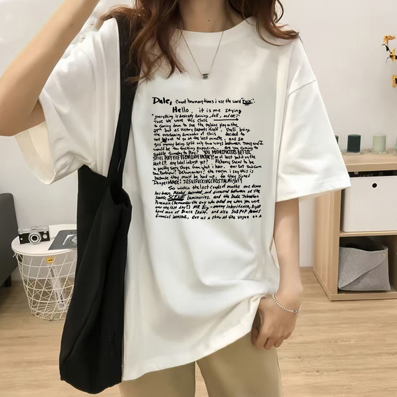 美式大碼寬鬆顯瘦圓領套頭印花短袖t恤-HaloBless