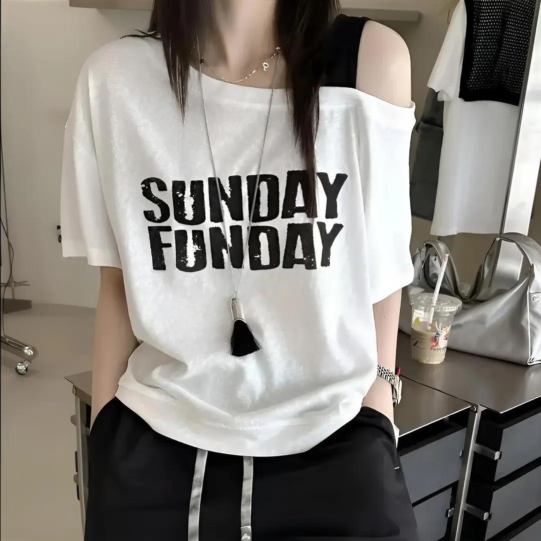 韓版時尚寬鬆顯瘦斜肩吊帶撞色字母短袖T桖-HaloBless