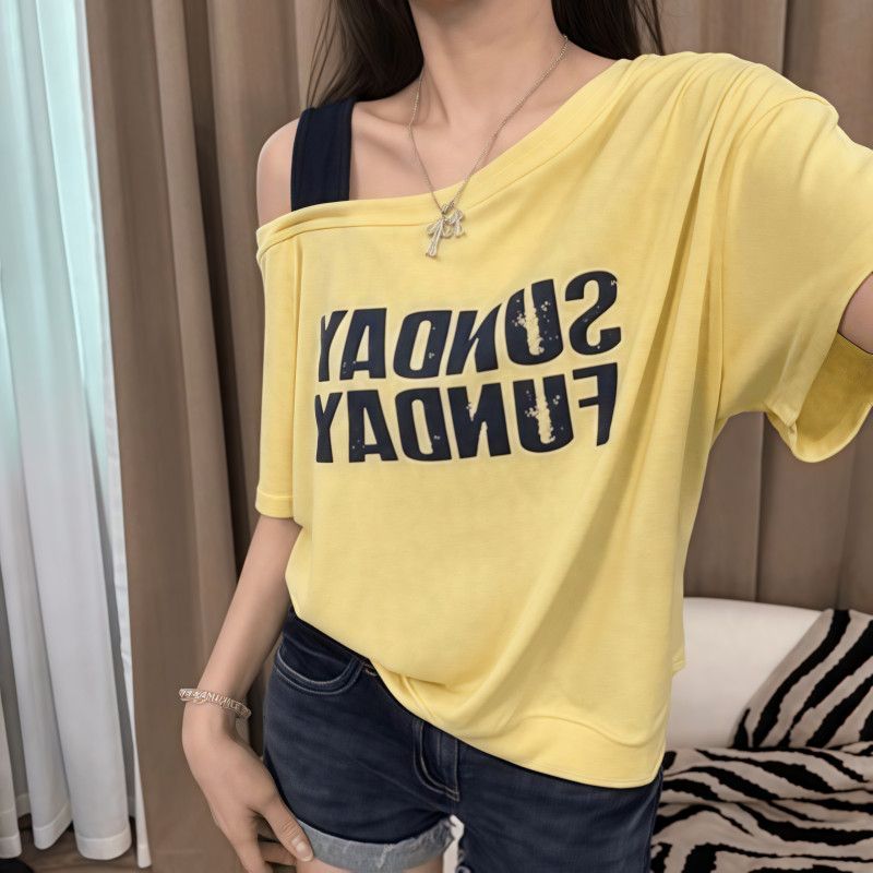 韓版時尚寬鬆顯瘦斜肩吊帶撞色字母短袖T桖-HaloBless