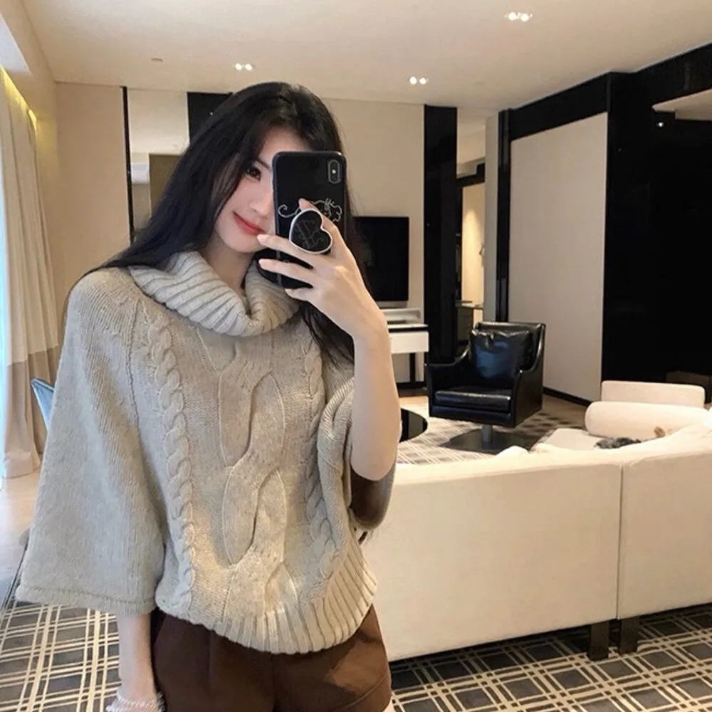 麻花斗篷氛圍針織衫復古寬鬆中袖高領毛衣