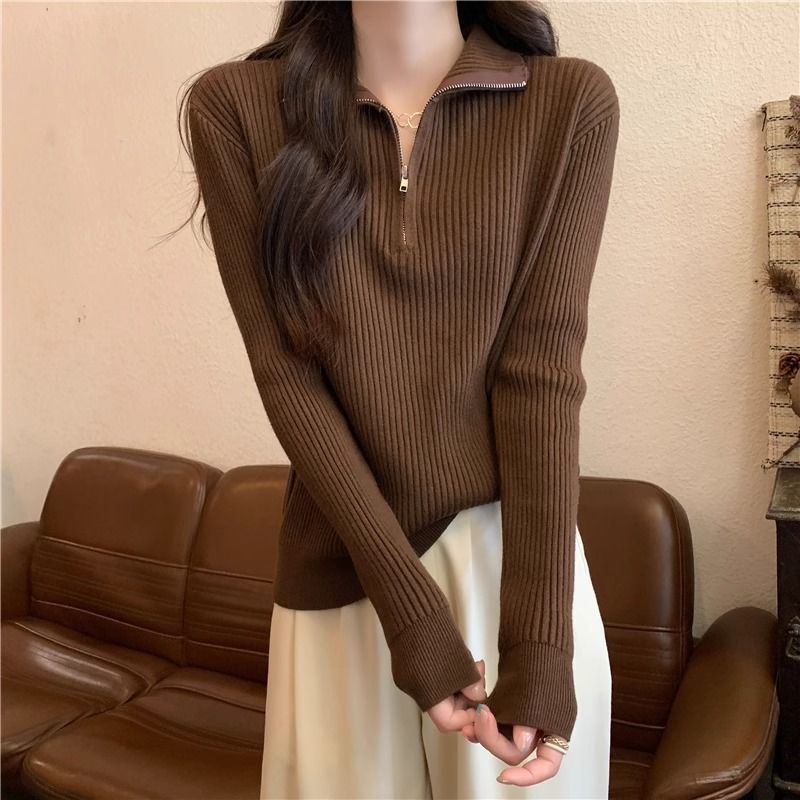 慵懶風半拉鍊高領寬鬆顯瘦內搭長袖針織衫