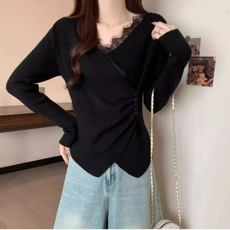 大碼德絨蕾絲拼接V領不規則交叉長袖T恤