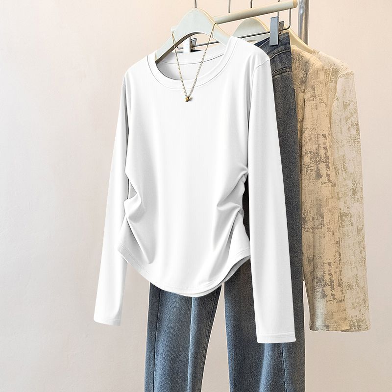 設計感褶皺收腰百搭修身圓領打底長袖T恤-HaloBless