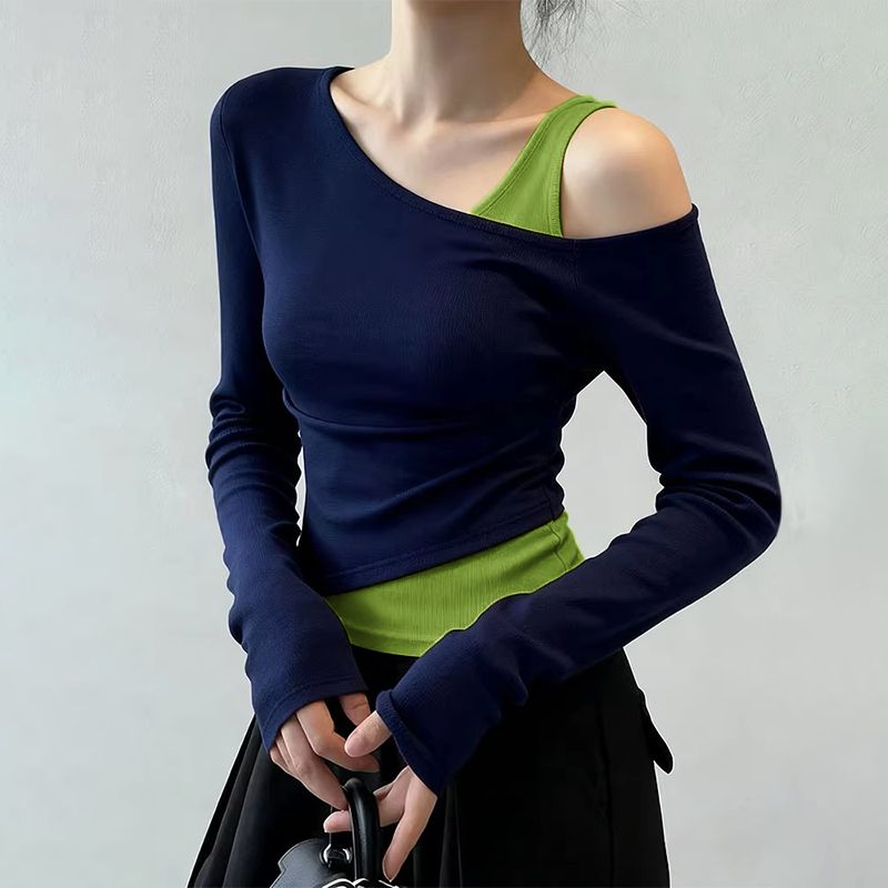 斜肩假兩件修身顯瘦拼色氣質休閒T恤