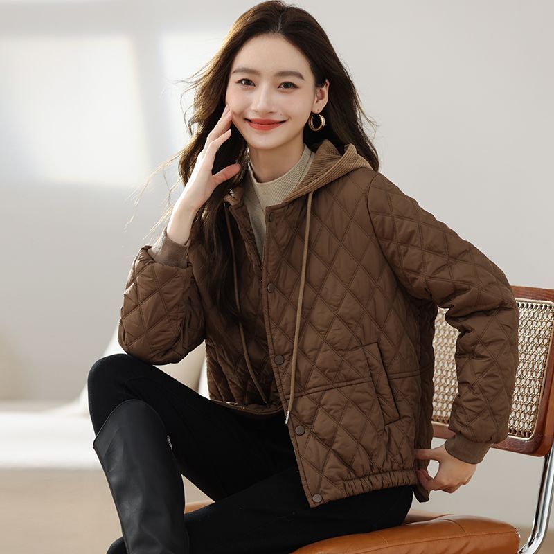 輕奢短版休閒時尚氣質連帽輕薄棉服外套