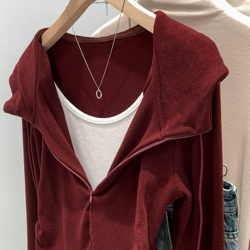 美式假兩件抽褶顯瘦連帽長袖T恤