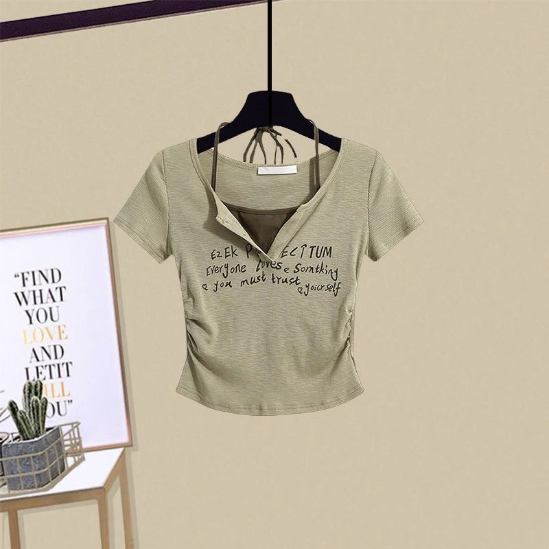 【單件/套裝】掛脖式假兩件短袖顯瘦工裝裙兩件套裝-HaloBless