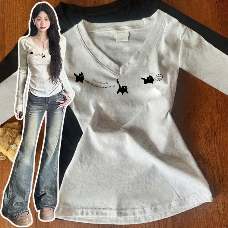 潮流字母印花修身顯瘦v領長袖T恤