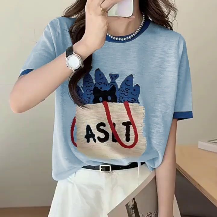 竹節棉設計感可愛印花多巴胺圓領短袖