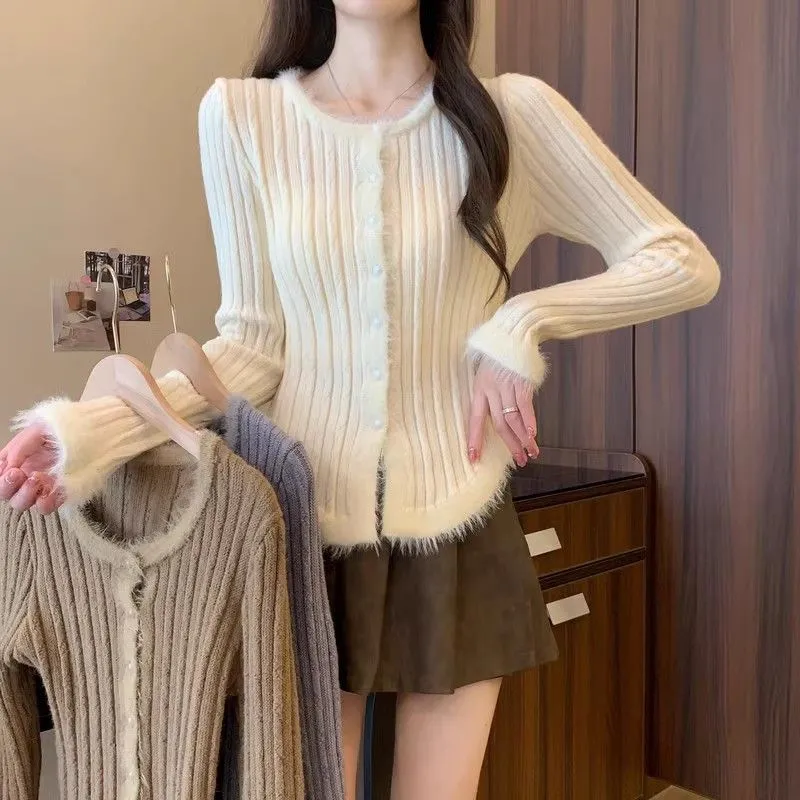 3色美拉德復古拼接毛邊修身顯瘦針織上衣