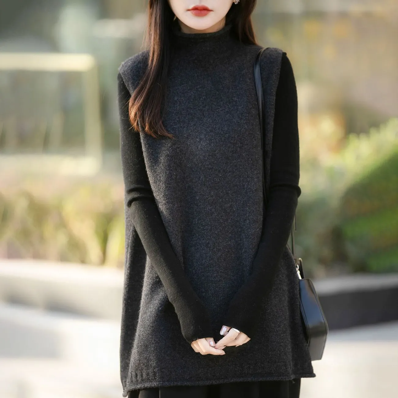 半高領中長版寬鬆背心坎肩羊毛針織馬甲