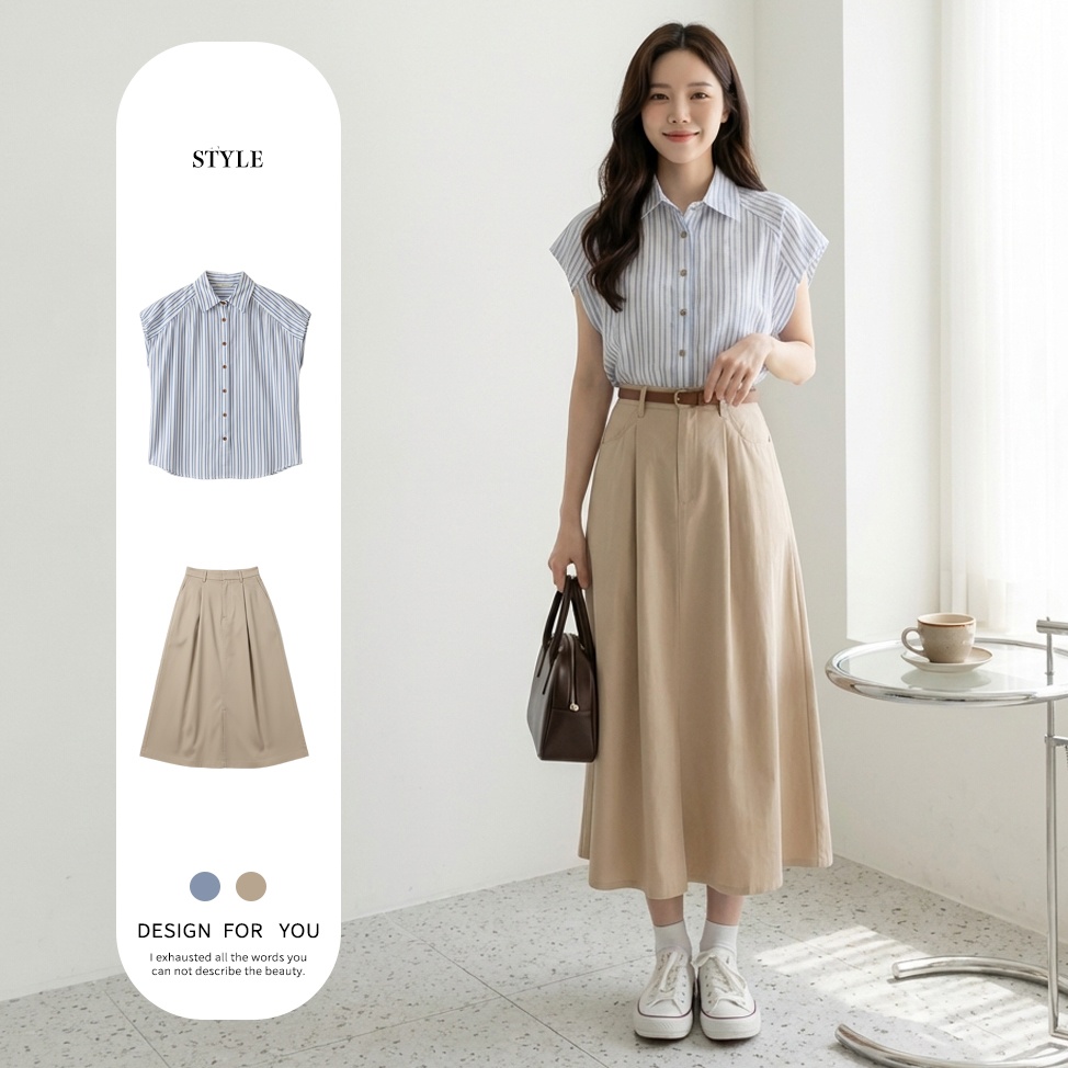 【單件/套裝】時尚通勤休閒減齡polo領條紋短袖襯衫+高腰半身裙兩件套裝