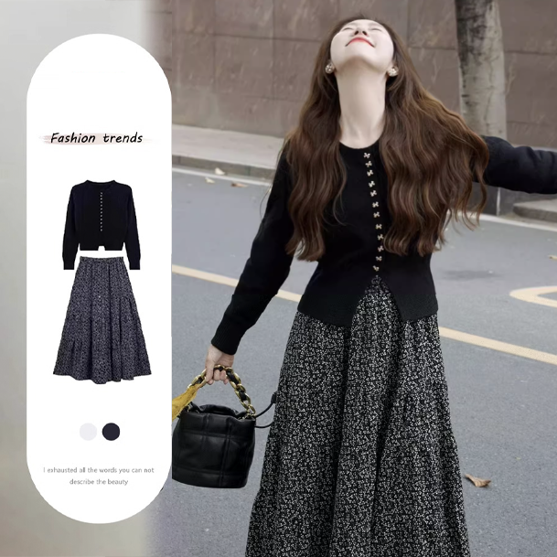 【單件/套裝】法式氣質蝴蝶結別緻針織開衫+修身碎花半身裙兩件套裝-HaloBless