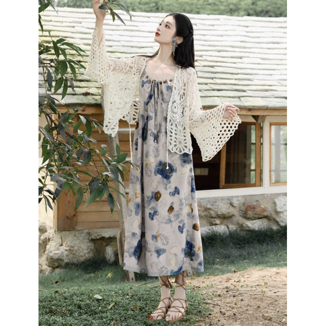 【單件/套裝】氣質油畫風吊帶連身裙+鏤空文藝開衫兩件套裝-HaloBless