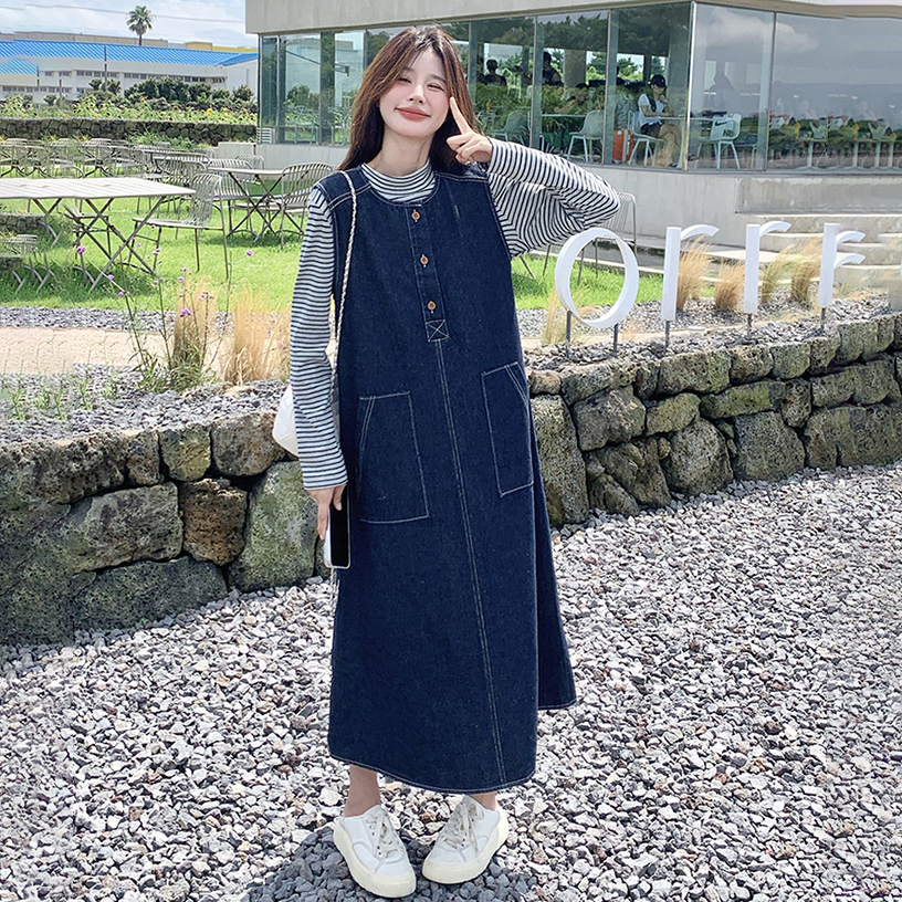 【單件/套裝】韓系條紋顯瘦上衣+復古牛仔背心洋裝兩件套-HaloBless