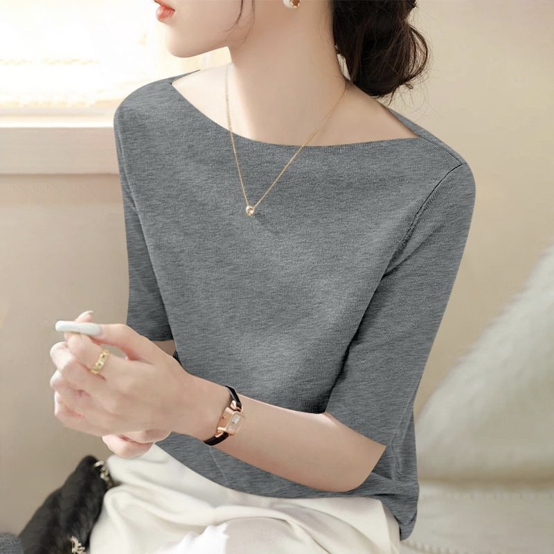 氣質百搭螺紋一字領修身顯瘦中袖打底衫-HaloBless