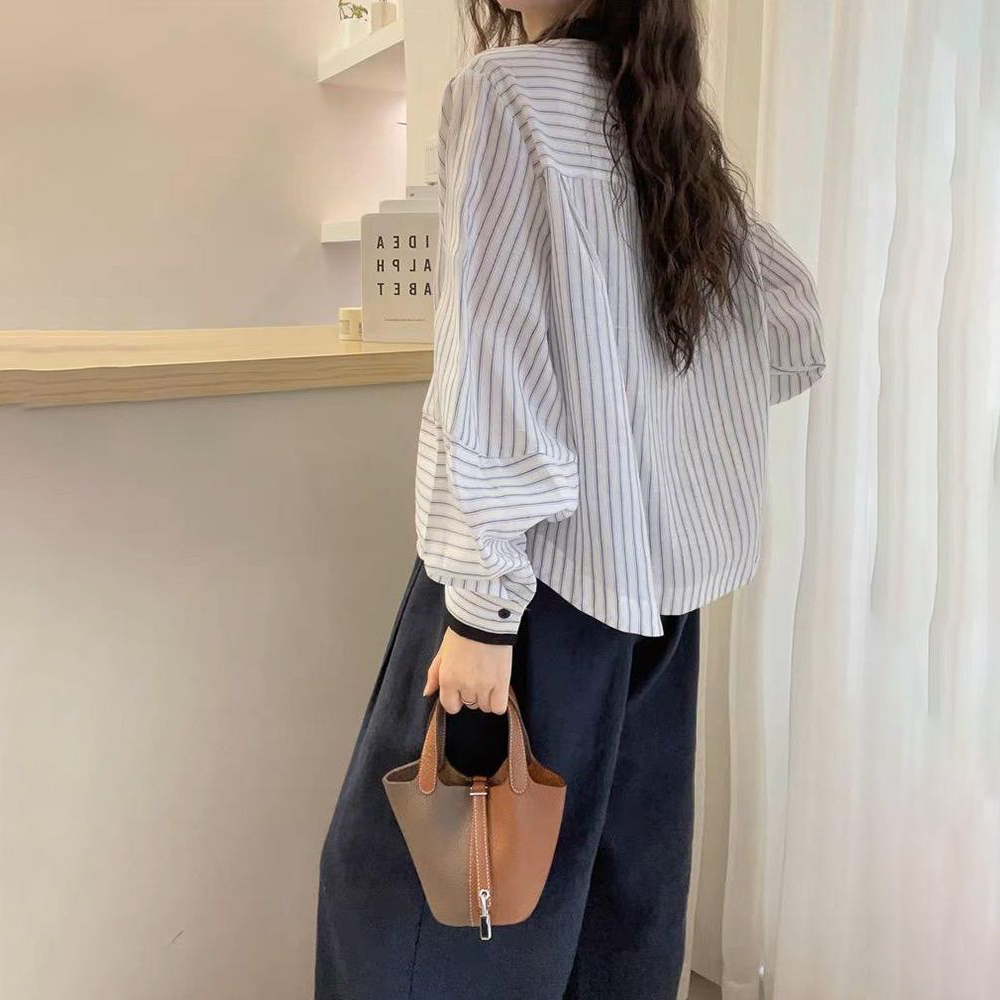 新中式設計感燈籠袖豎條紋休閒長袖襯衫-HaloBless