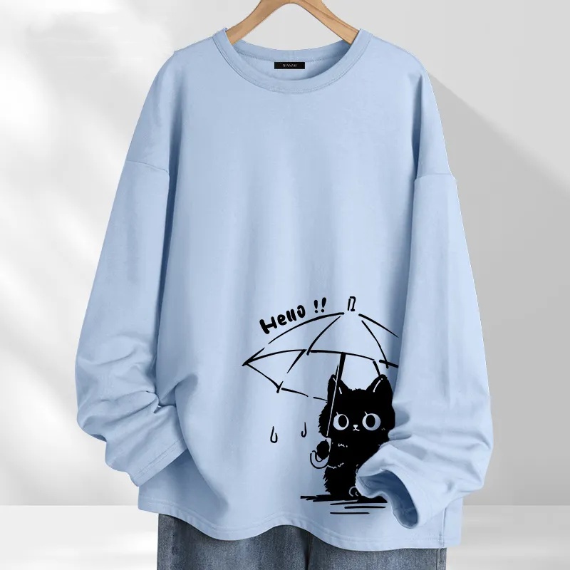 純棉薄款撐傘貓可愛圓領長袖T恤-HaloBless