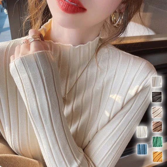 木耳邊半高領內搭毛衣短版修身針織打底衫