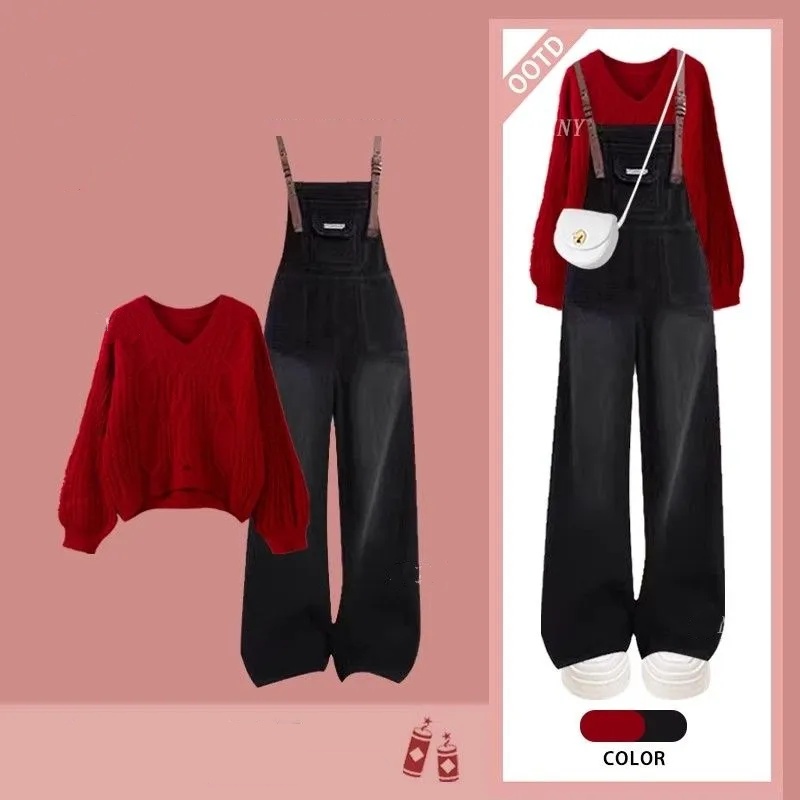 【整套】小眾通勤毛衣搭高級感背帶褲兩件套