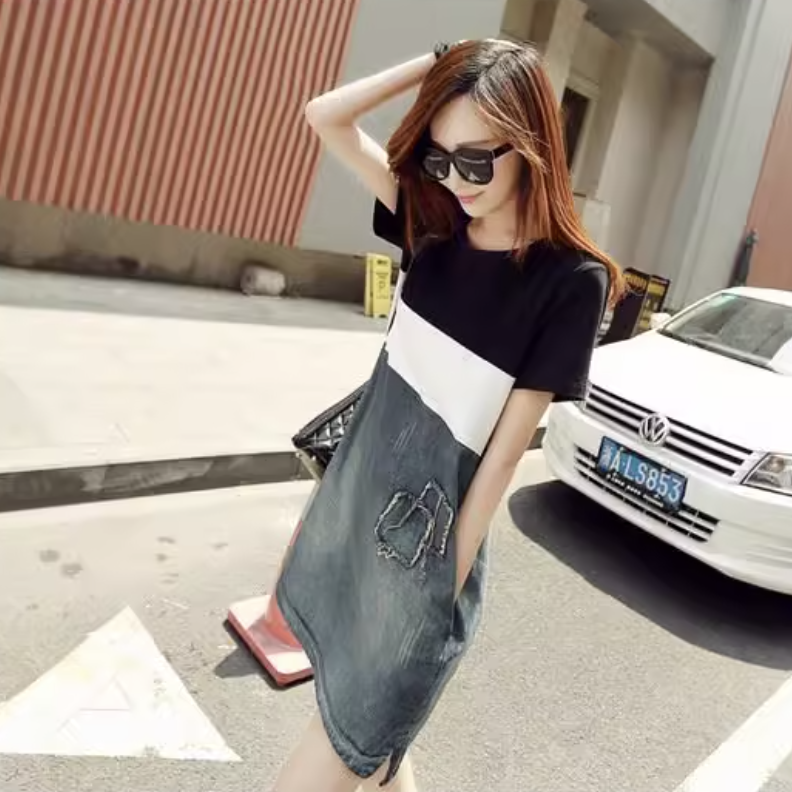 韓版黑白拼接修身A字裙牛仔顯瘦連衣裙