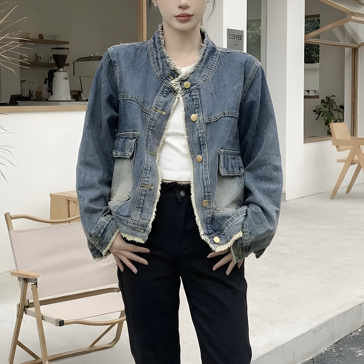 復古毛邊寬鬆顯瘦夾克水洗牛仔外套