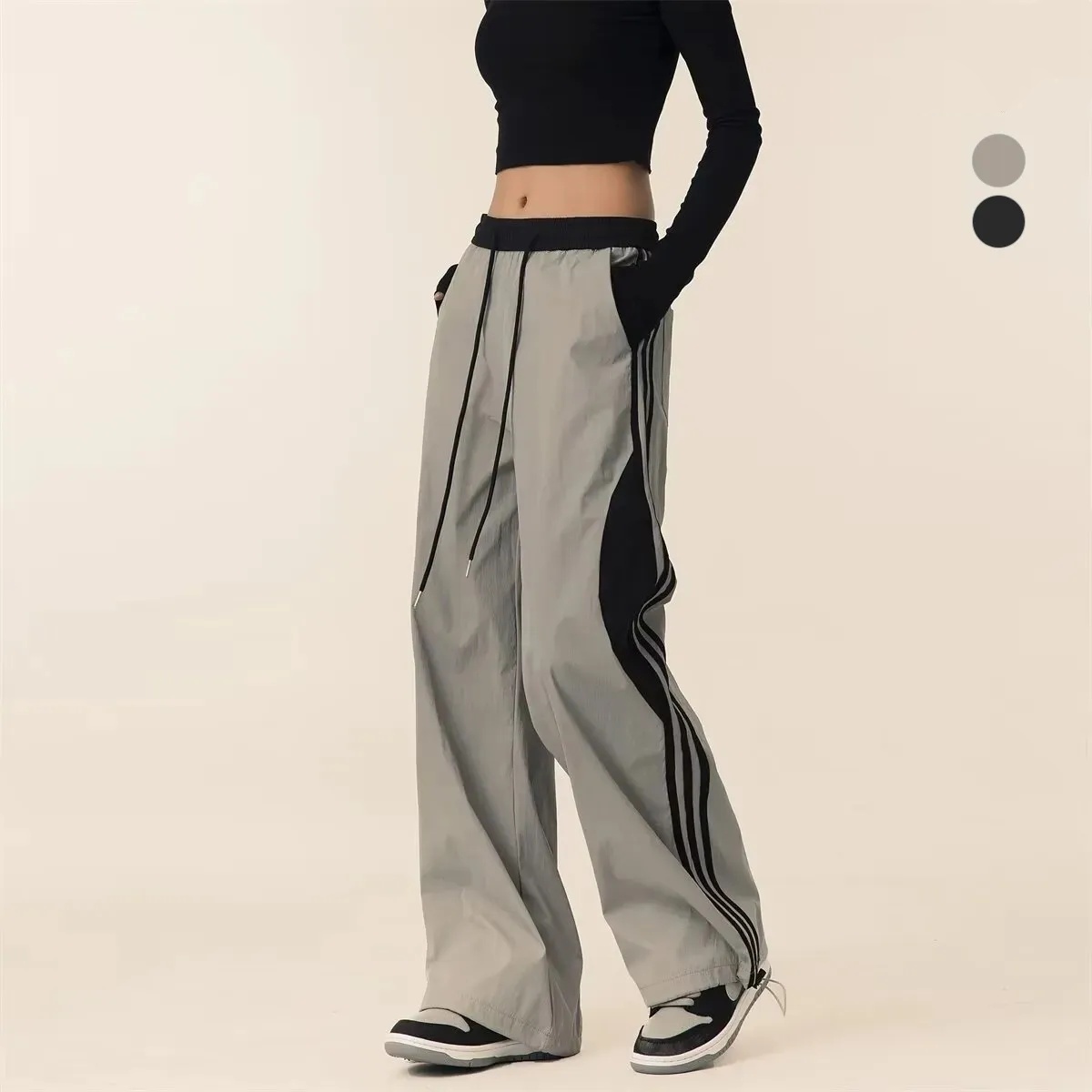 美式三條杠直筒闊腿垂感工裝運動風褲裝-HaloBless