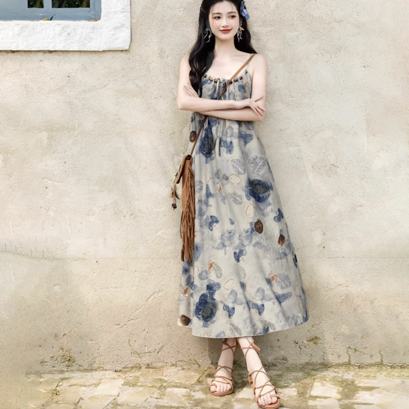 【單件/套裝】氣質油畫風吊帶連身裙+鏤空文藝開衫兩件套裝-HaloBless