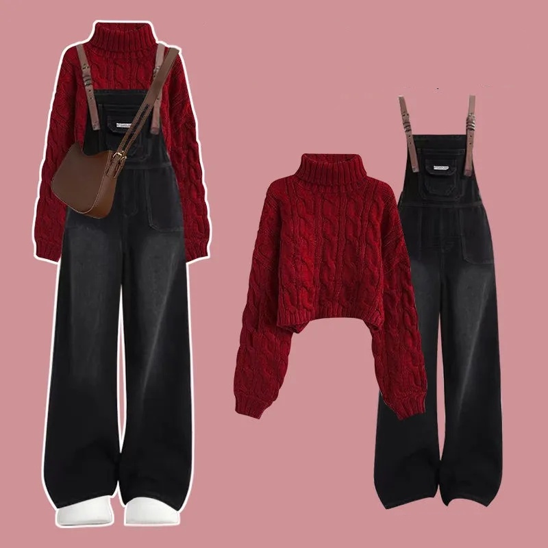 【整套】小眾通勤毛衣搭高級感背帶褲兩件套