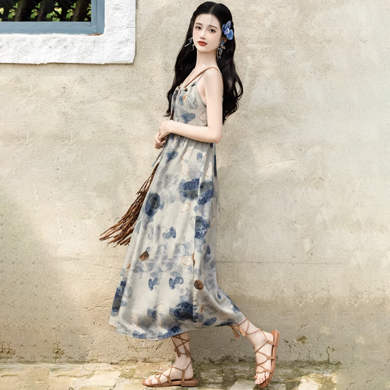 【單件/套裝】氣質油畫風吊帶連身裙+鏤空文藝開衫兩件套裝-HaloBless