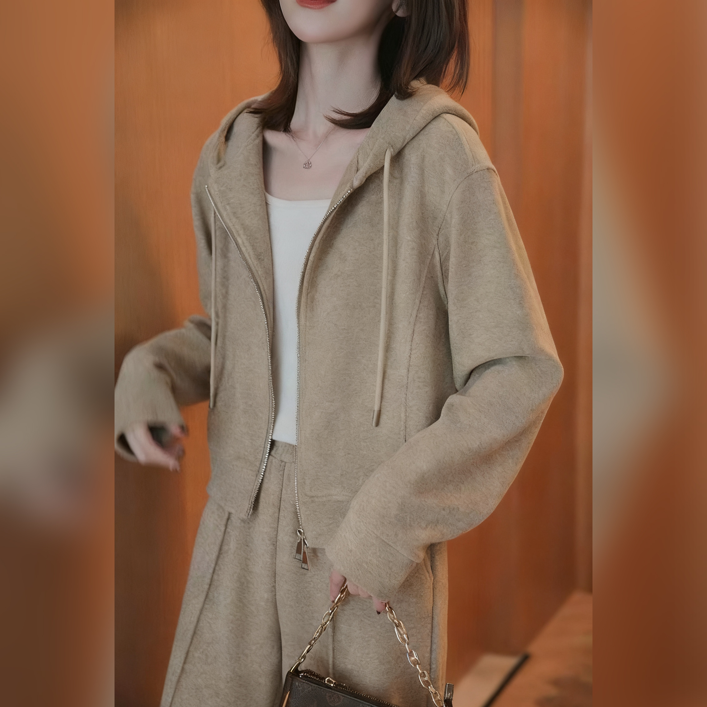 【單件/套裝】時尚連帽短版雙拉鏈外套+直筒休閒褲兩件套