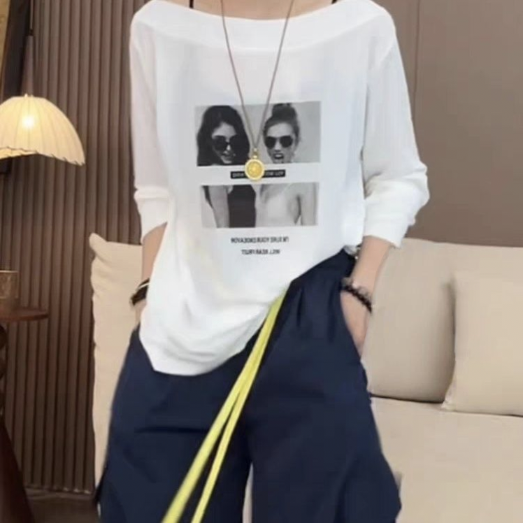 大碼一字領慵懶風寬鬆防曬長袖罩衫-HaloBless